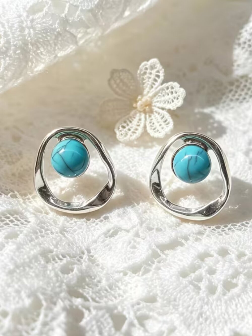 925 Sterling Silver Womens Small Natural Blue Turquoise Hoop Earrings Jewelry